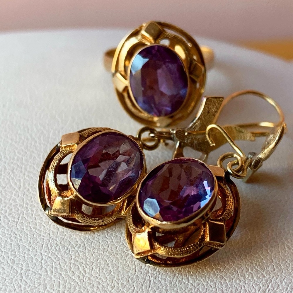 VINTAGE 14K RING & EARRINGS COLOR CHANGE PURPLE SAPPHIRE SET OF 2 CUSTOM MADE